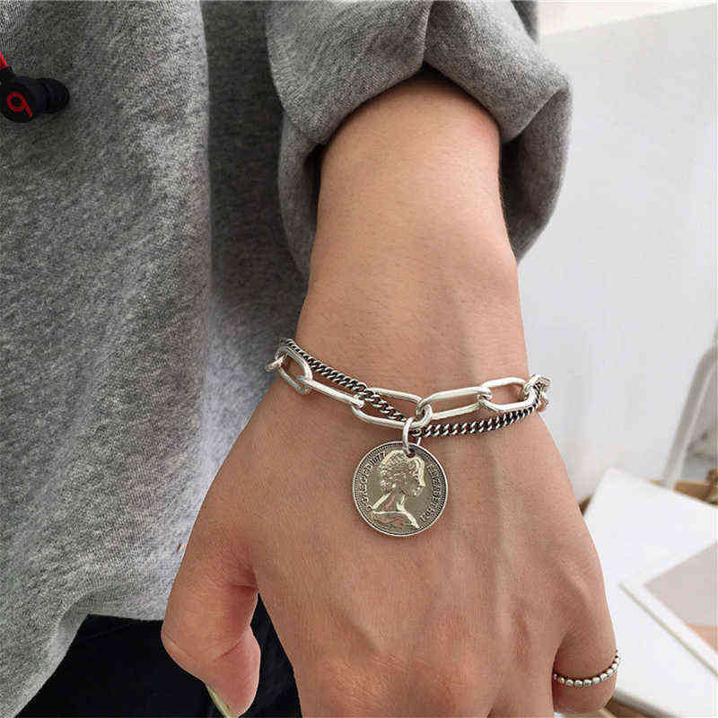 

Punk Bracelets Carved Coin Head Bangle Bohemian Circle Queen Thick Chain Tassel Pendant Women Jewelry