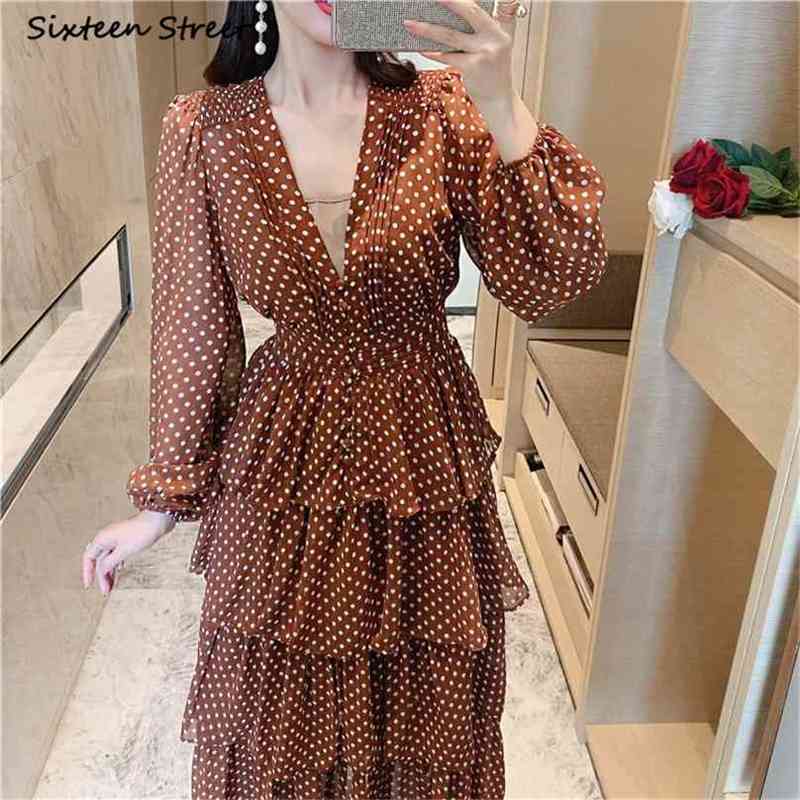 

Woman Dress Cascading Ruffle autumn winter V-neck floral printed red elegant party vestido long dress female runway 210603, Design and color
