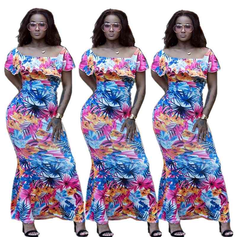 

H8817 sexy women' printed beach skirt with ruffle off shoulder dress, Blue