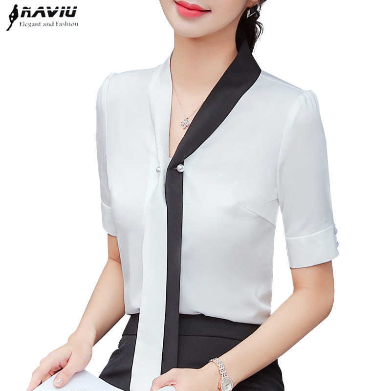 

Naviu Summer Elegant Women V Neck Shirt OL Fashion Patchwork Tie Short Sleeve Chiffon Blouses Office Ladies Plus Size Work Tops 210604, White