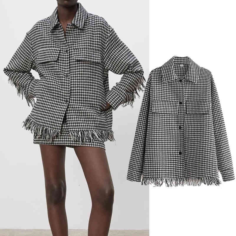 

Women's Down & Parkas 2021 Women Autumn winter Houndstooth print tassel jacket Coat Turn-down Collar Long Lady Streetwear Outwear, Black