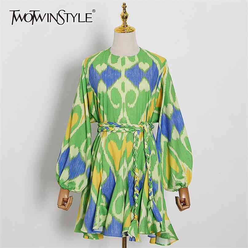 

Hit Color Print Women Dress O Neck Long Sleeve High Waist Lace Up Bowknot Casual Dresses Female Summer 210520, Print3