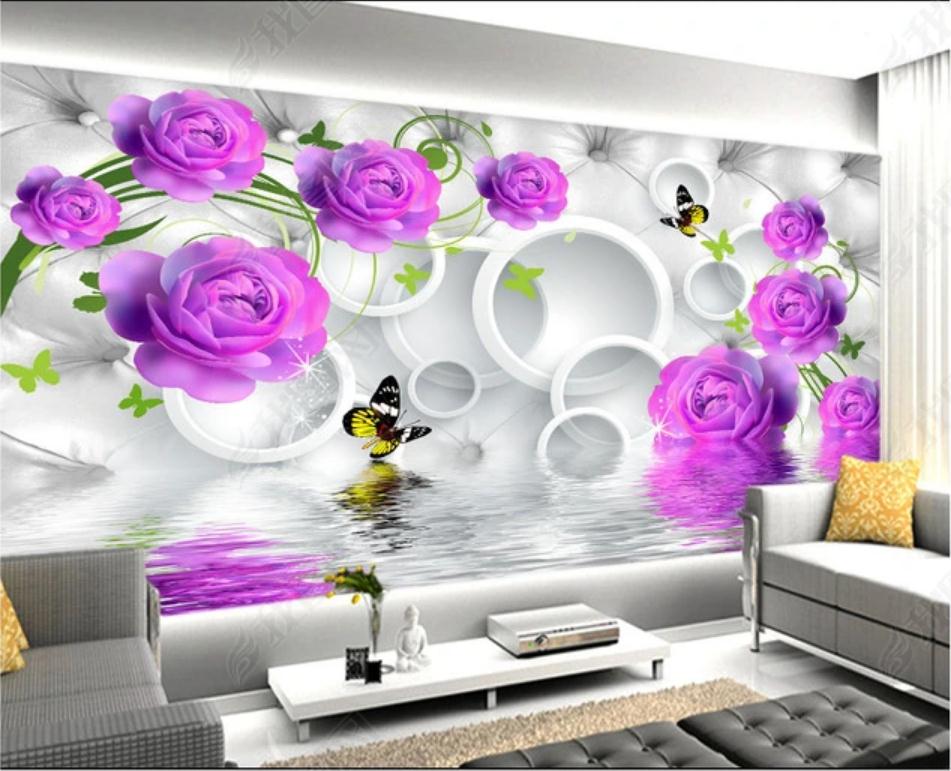 

stereoscopic wallpaper Purple rose wallpapers elegant and fashionable water reflection 3D background wall