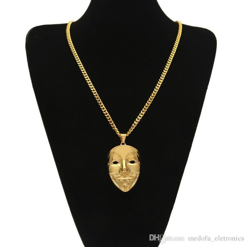 New Fashion Personality Men Hiphop Necklace Yellow Gold Plated Stainless Steel V Mask Pendant Necklace with 5mm 70cm Cuban Chain for Men