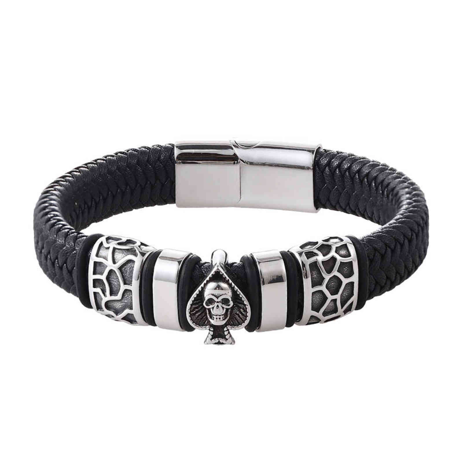

Handsome Punk Stainless Steel Magnetic Clasp Skull Accessories Braided Genuine Leather Bracelet for Men Classic Bangles Gifts
