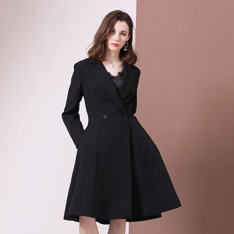 

2021 autumn and winter new fashion clothes black temperament double breasted windbreaker women' waist European coat trend
