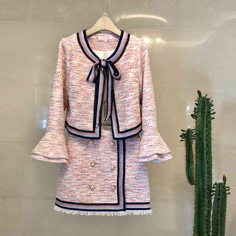 

Autumn Women's Tweed Wool Professional Suits Ladies Small Suit Jacket Coau Pencil Skirt Twinsets Retro Formal Wear 210525, Picture color