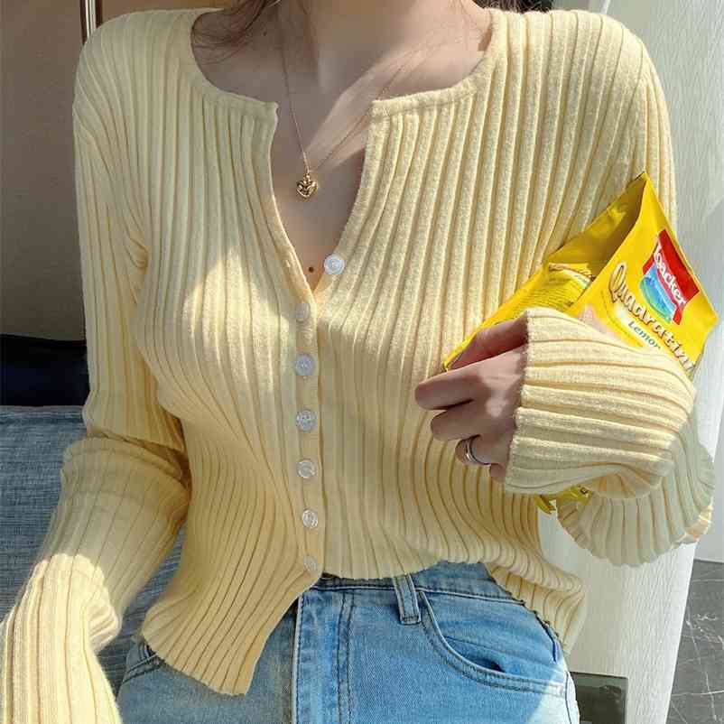 

Women T-shirts V-Neck Button Up Tees Knit Stripes Elegant Soft Cotton Long Sleeve For Wmen Autumn 210518, Black