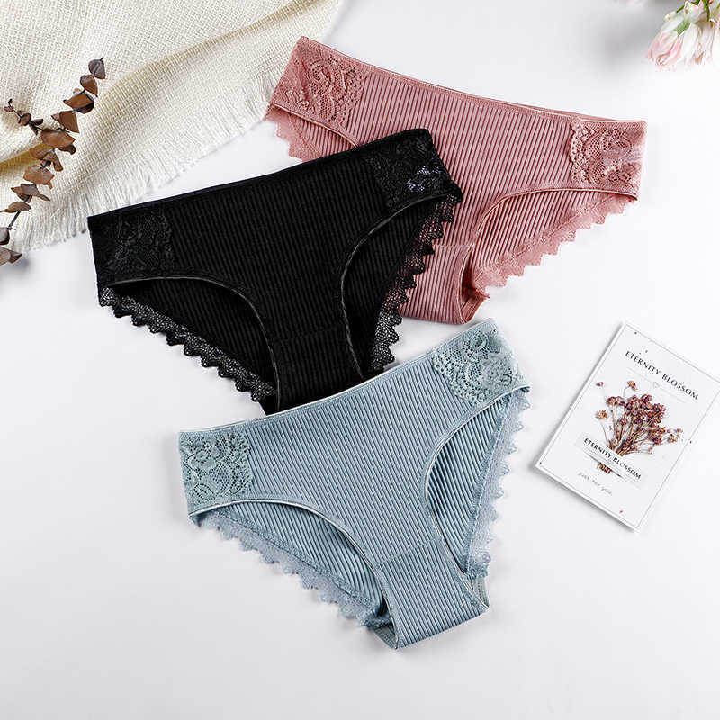 

3 Pcs Cotton Panties Woman Lace Underwear High Quality Soft Breathable Female Briefs Underwear For Woman Lingerie BANNIROU 210720, Blue-darkgrey-pink