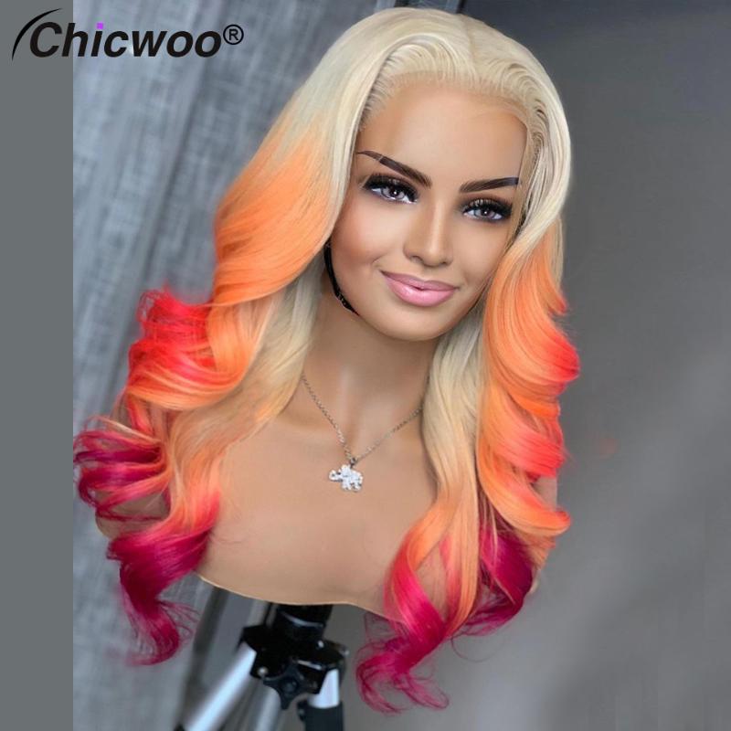 

180% Density Pink BrownRed Glueless Colored Human Hair Wigs For Women Brazilian Body Wave Ombre Lace Front Wig Bleached Knots, Red ombre color