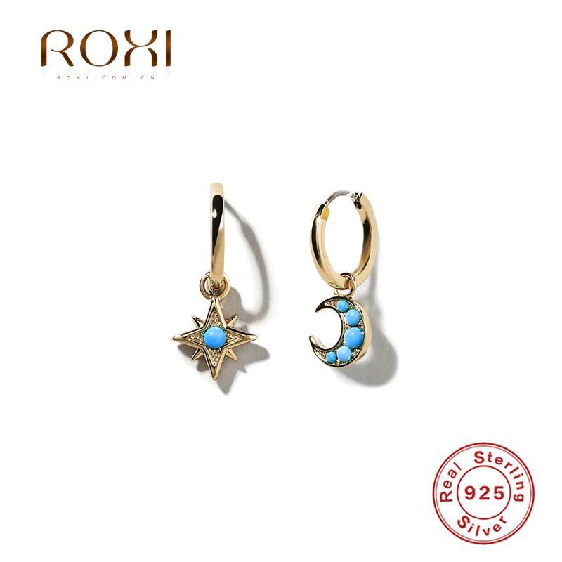 

Hoop & Huggie ROXI Star Moon Turquoise Stone Earrings For Women 925 Sterling Silver Women's Jewelry Pendientes Plata Gifts