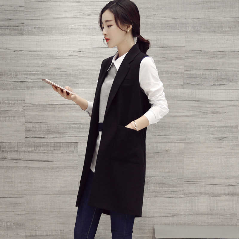 

High quality plus size women's suit fashion long waistcoat Fall style solid color ladies sleeveless jacket casual coat women 210527, Black