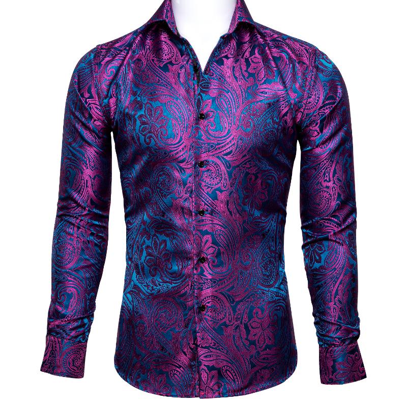 

Men' Dress Shirts Barry.Wang Luxury Rose Red Paisley Silk Men Long Sleeve Casual Flower For Designer Fit Shirt BCY-0029, Cy-0032