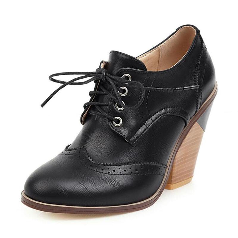 

Dress Shoes Fashion Vintage Lacing Pointed Toe Thick Heels Women Pumps England Style High Oxfords Sapatos Femininos, Black
