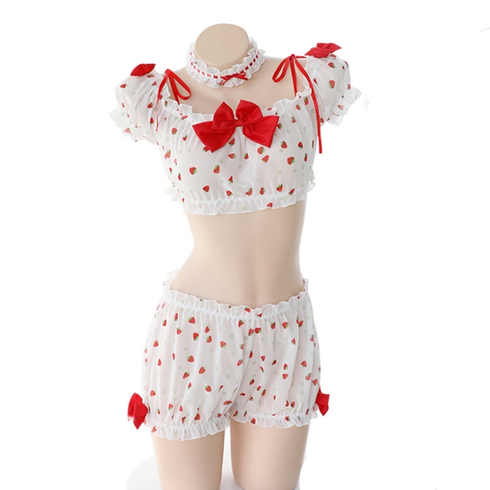 Japanese Baby Doll Lingerie Womens Girl Lolita Cosplay Sexy Bandage Erotic Costumes Kawaii Strawberry 3 Piece Set Pajamas-image-678635221