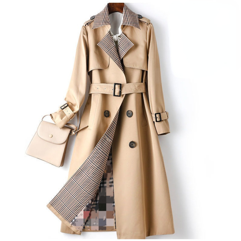 

Spring Autumn Trench Coat Korean Plaid Loose Double-Breasted Belted Mid-Length Cloak Womens Coat Blue Oversized Panties, Khaki