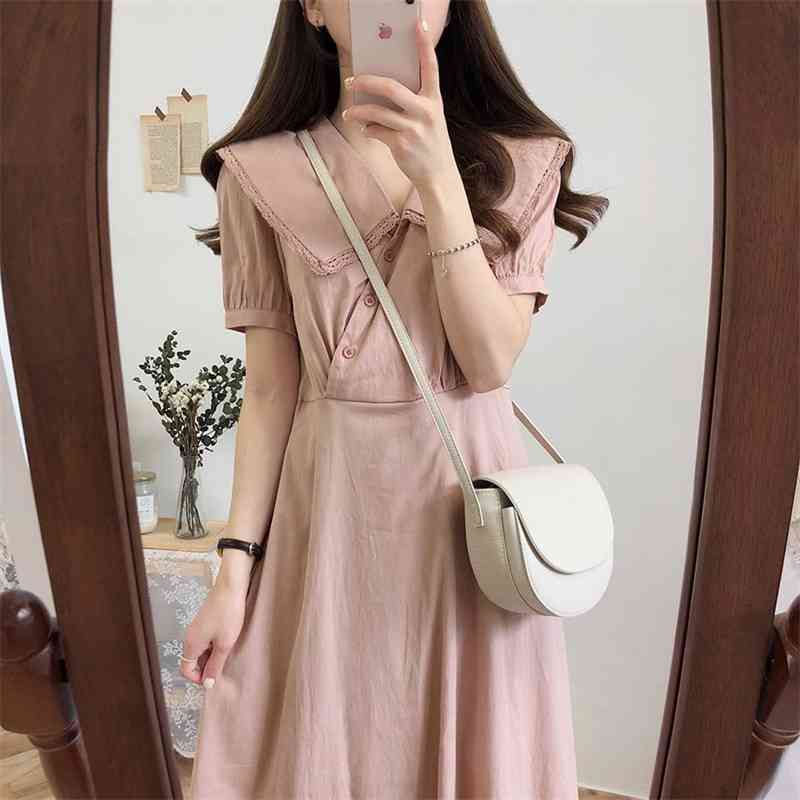 Plus size Summer Girls Boho Party Solid Pink Female Vintage Dress buttons Short Sleeve Women Dresses Robe Vestido 210417Z
