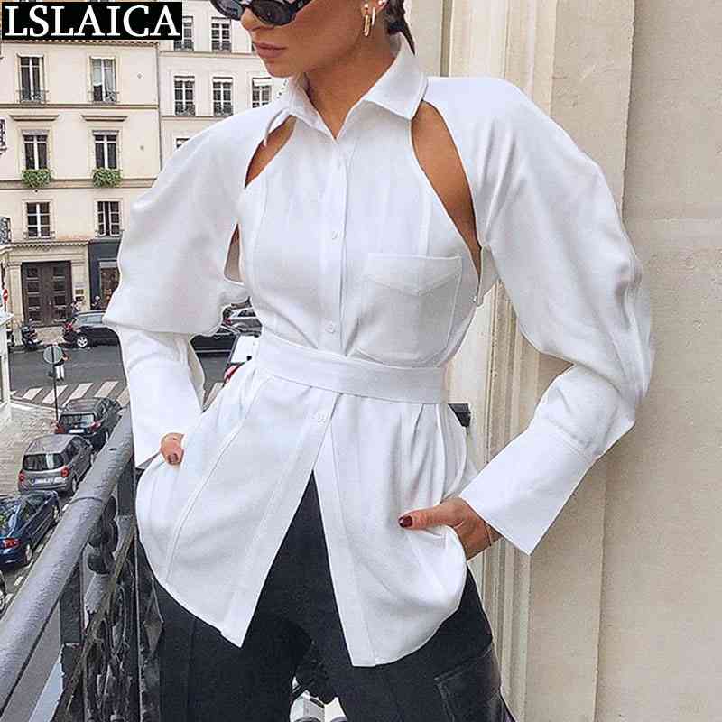 

Women Blouse Solid Color Office Hollow Out Fashion Strappy Tops Arrival Button Pocket Casual Slim Long Sleeve Shirt 210520, White