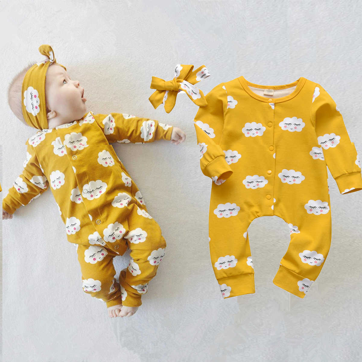 

2Pcs born Baby Girls Romper Cartoon Cloud Print Long Sleeve Jumpsuit+Headband Infant Girl Clothing Autumn Toddler Clothes 210722, Lavender