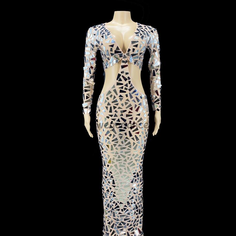 

Casual Dresses Sexy Women Blingling Mirror Prom Long, Silver