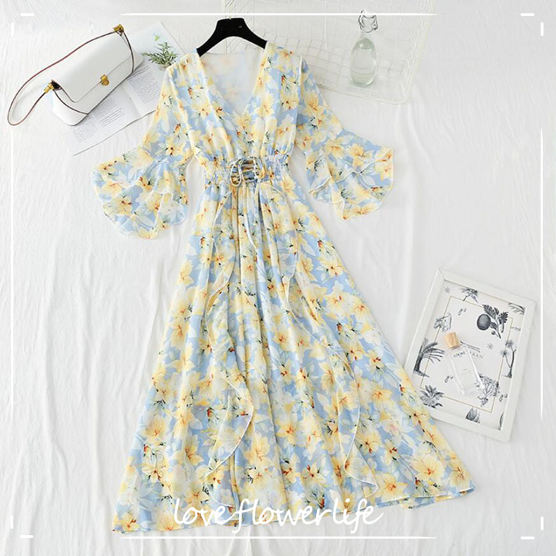 

Women Sweet Floral print Short sleeve Midi Dress Summer Vintage V-neck Chiffon Vestidos Women Casual A-line Dress 210521, Floral 6