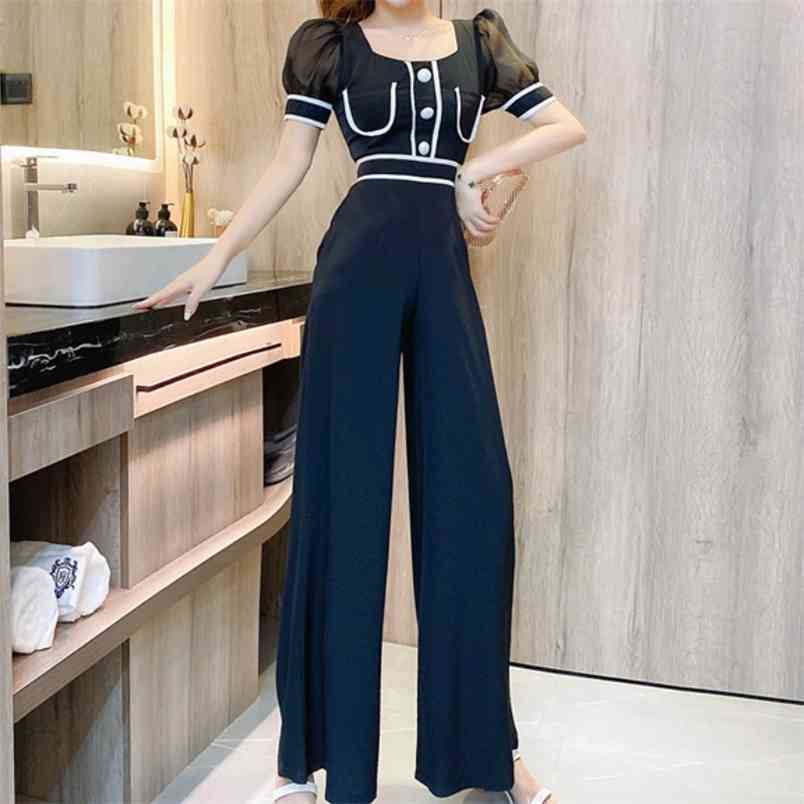 

Summer Temperament Elegant Office OL Jumpsuits Women High Waist Wide Leg Bodysuit Hit Color Puff Short Sleeve Playsuit 210519, White