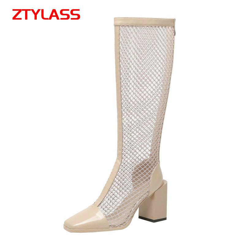 

Boots 2021 Summer Women Hollow Mesh Fashion Zipper Knee High Patent Leather Square Toe Thick Heel Autumn Shoes, Black