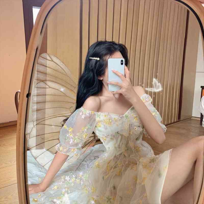 

summer women floral fairy mini dress slash neck puff sleeve embroidery flower mesh dress french romantic feminine, Black;gray