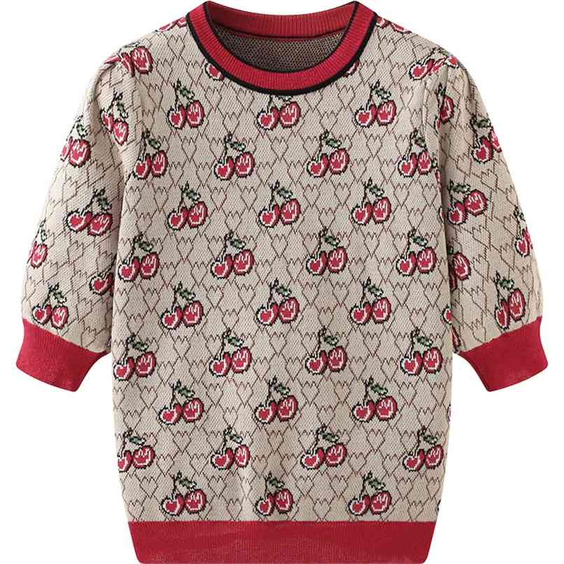 

Casual knitted jacquard plaid sweater loose round neck short-sleeved top spring and summer fashion women's clothing 210520, The picture color