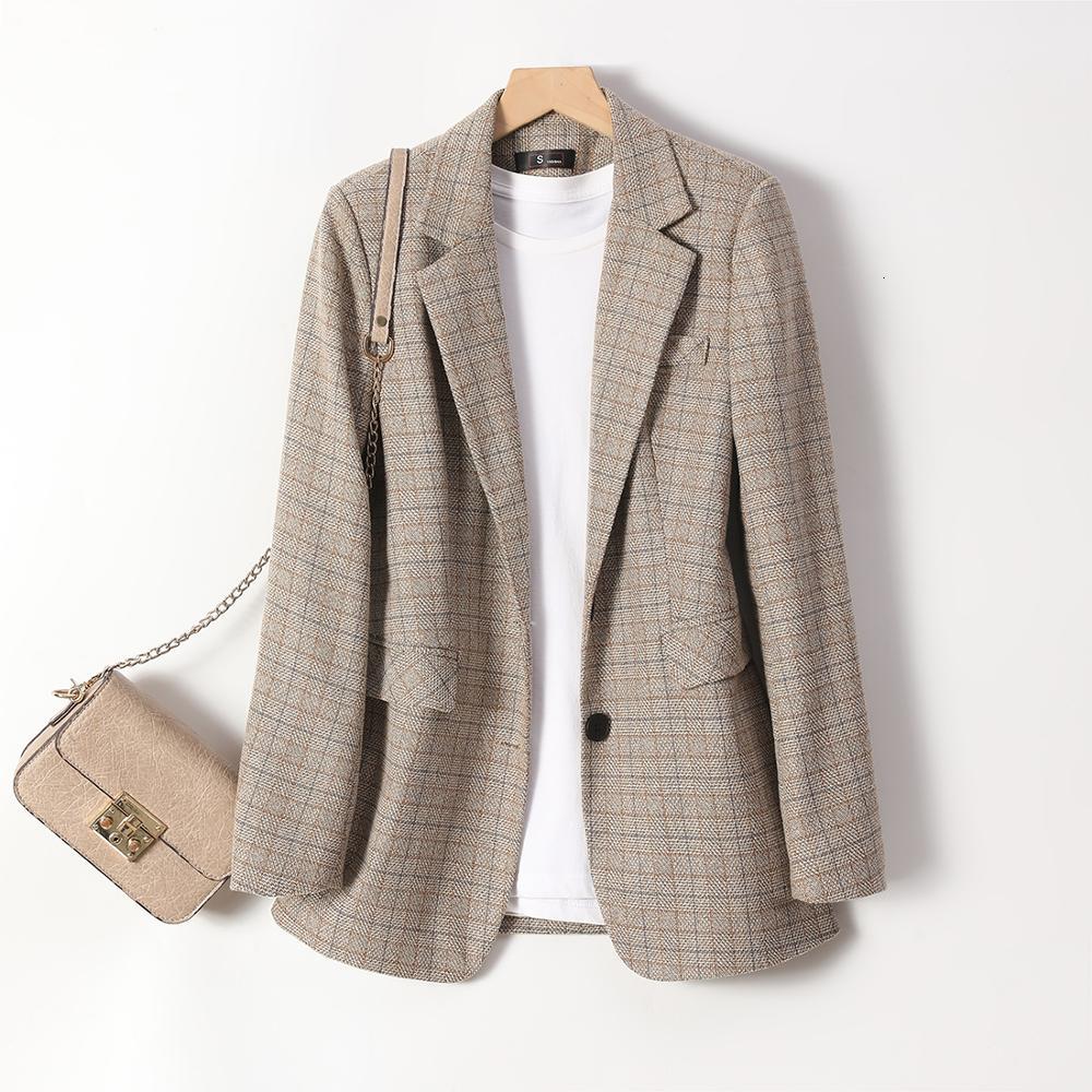 

Women' Suits & Blazers Casual Women Apricot Gray Plaid Blazer High Quality Outerwear Full Sleeve Single Breasted Jackets Coat For Spring Au