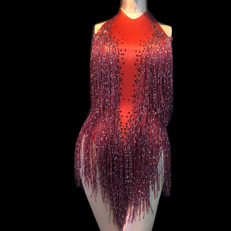 

Stage Wear Women Fashion Wine Red Sequins Tassels Slim Costumes Female Rhinestone Sleeveless Bodycon Leotard Women's Dancing