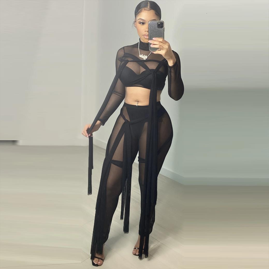 

ribbon mesh see through bodycon womens pants two piece sets clubwear slim fit crop skinny pant midnigt matching, White