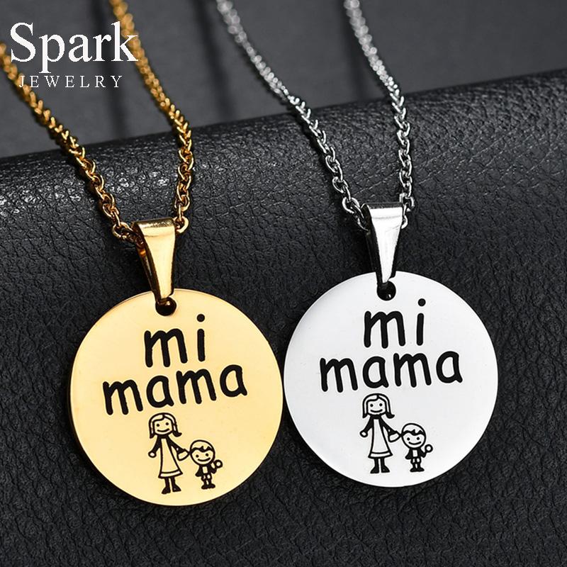 

Pendant Necklaces Spark Lovely Boy Mi Mama Necklace Stainless Steel Mother Son Figure Family For Women Christmas Gift Collar, Silver