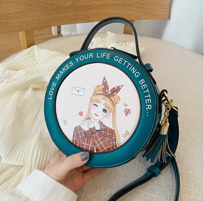 

Factory wholesale women brand shoulder bag high-quality leather handbag street trends round handbags cute girls printed tassels and crossbody bags