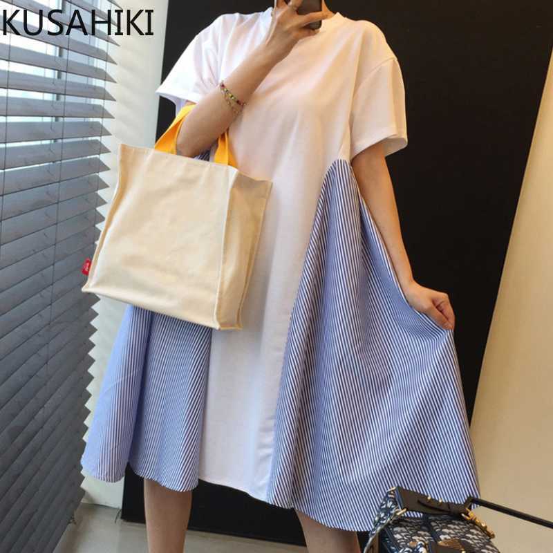 

KUSAHIKI Stripe Patchwork Woman Dress Causal Short Sleeve O-neck Vestido Femme Summer High Waist A-line Dresses 6J539 210602, White
