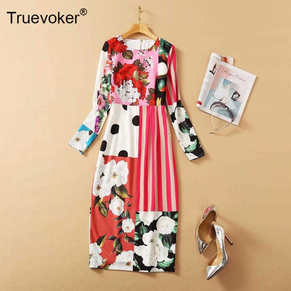 

Truevoker Runway High Street Fashion Ladies' Full Sleeve Elegant Multicolor Flower Print Knee Length Pencil Dresses 210602, Multi