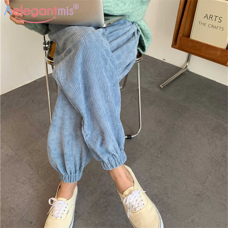 

Aelegantmis Loose Corduroy Pants Women High Waist Casual Soft Warm Harem Female Elastic Quality Pantalon Mujer 210607, Blue