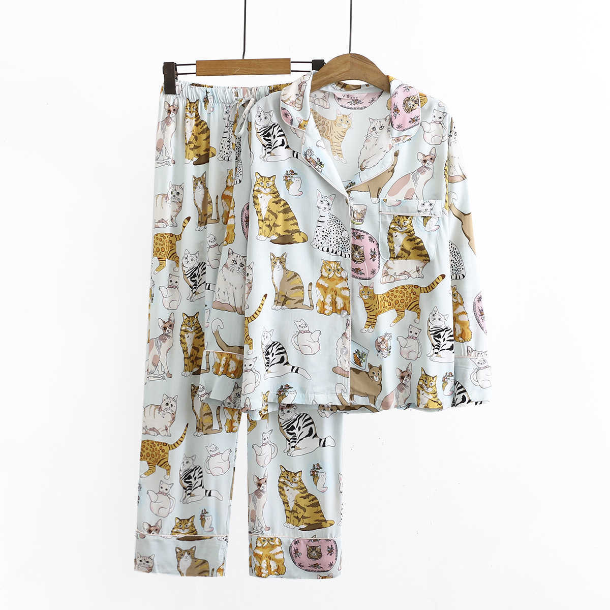 

Pajamas Women Set Autumn Cute Cat Animal Print Home Clothes Cotton Silk Loose and Comfortable Ladies Dormir Pajamas 211007, As picture