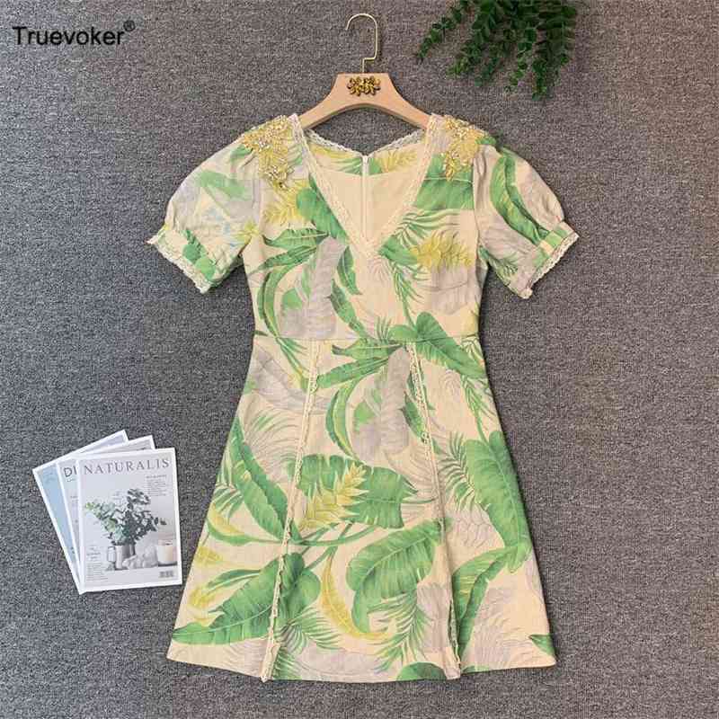 

Truevoker Women High Street Runway Designer Beading Dress Lady Short Sleeve Green Leaf Print Diamond Robe Mujer Festa Vestido 210602, Multi