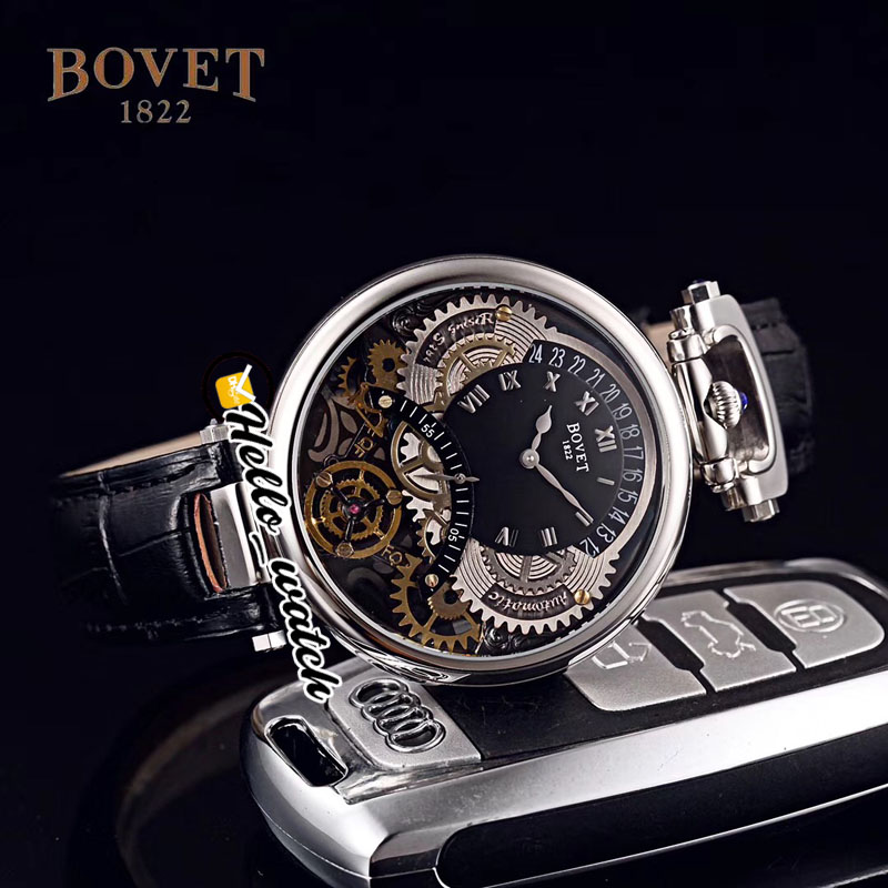 

46mm Bovet 1822 Tourbillon Amadeo Fleurie Watches Quartz Mens Watch Steel Case Black Skeleton Dial Leather Strap HWBT Hello_Watch, Customized waterproof service