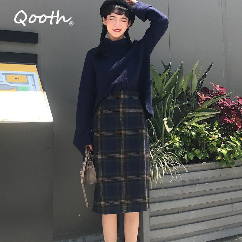 

Qooth Autumn Winter Elegant Female A Line Office Skirts Empire Waist Woolen Plaid Women Skirts Knee Length Plus Size 2XL QT087 210518, Gray