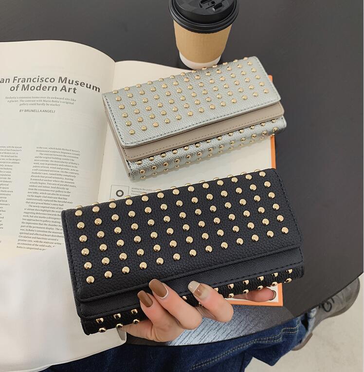 

Factory wholesale women handbag rivet punk wallet street trend folding multifunctional clamshell large capacity leather wallets retro rivets clutch bag, Champagne(boutique box)