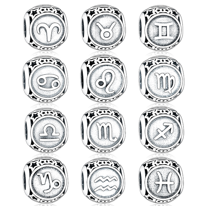

Fit Original Brand Charm Bracelet 925 Sterling Silver Hollow Star Round 12 Constellations Scorpio Aries Beads Making DIY Berloque, Black
