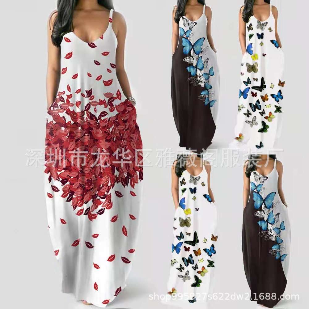

summer suspender dress trend print women's wear, Black;gray