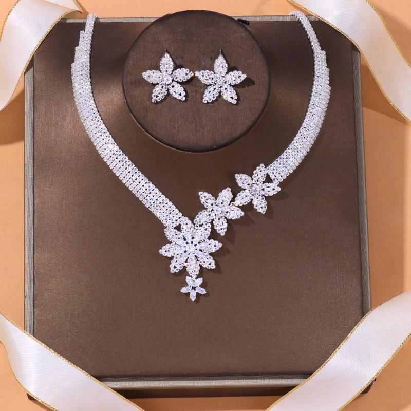 

Earrings & Necklace Stonefans Zircon Flowers And Set Jewelry For Women 2021 Fashion Nigeria Rhinestone Party Gift, Silver
