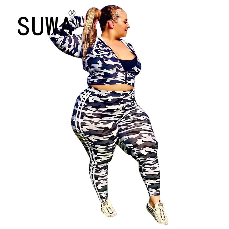 

Autumn est Camouflage Two Piece Outfits Woman Zipper Long Sleeve Crop Top Coats Skinny Joggers Pants Matching Sets 210525, Black