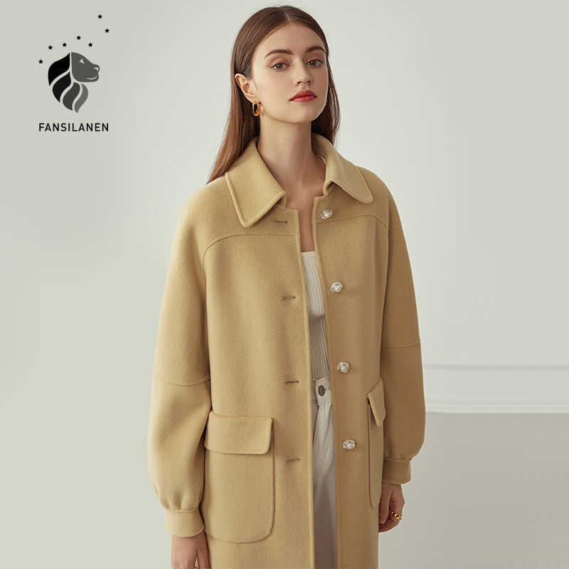 

FANSILANEN 100% Wool long women's coat Autumn winter oversized vintage jacket blend casual female blue over 210607, Green
