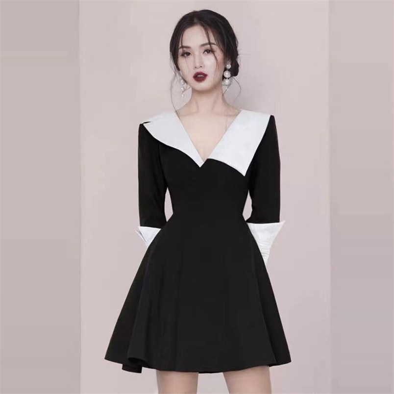 

Spring Elegant Lady Contrast Color V-Neck Long Sleeve Dress Women High Waist Casual Slim Party Dresses Female Vestidos 210519, Black