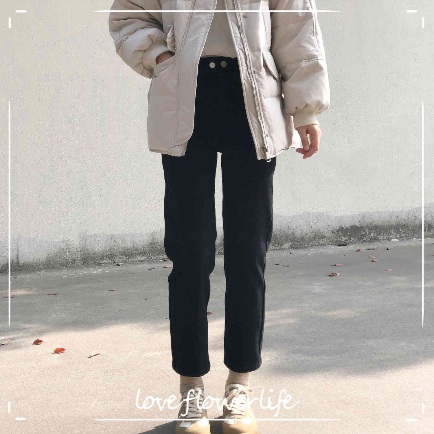 

COZOK Winter Straight Jeans Women' Plush Thickened Slim High Waist Pipe Pants Women' 8259 210521, Black