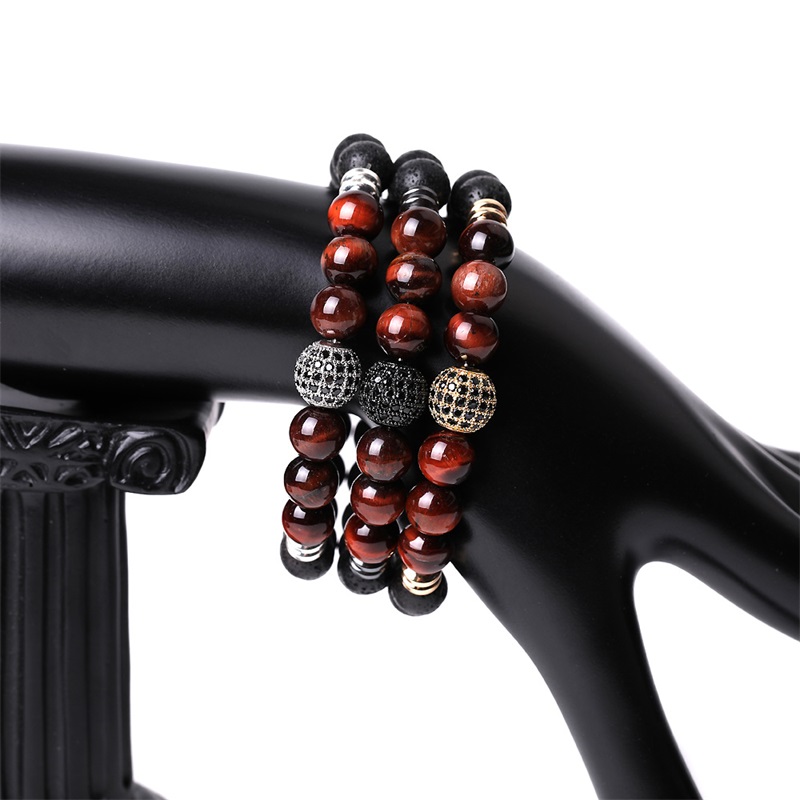 

Cubic Zircon Ball Hand Jewelry Red Tiger Eye Lava Stone Bead Bracelet Elastic Stretch Men Bracelets